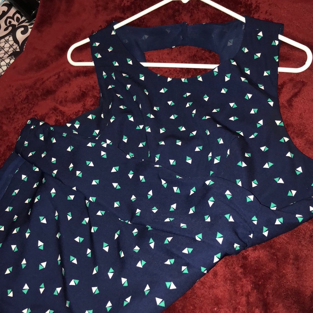 Blue dress with green and white dots